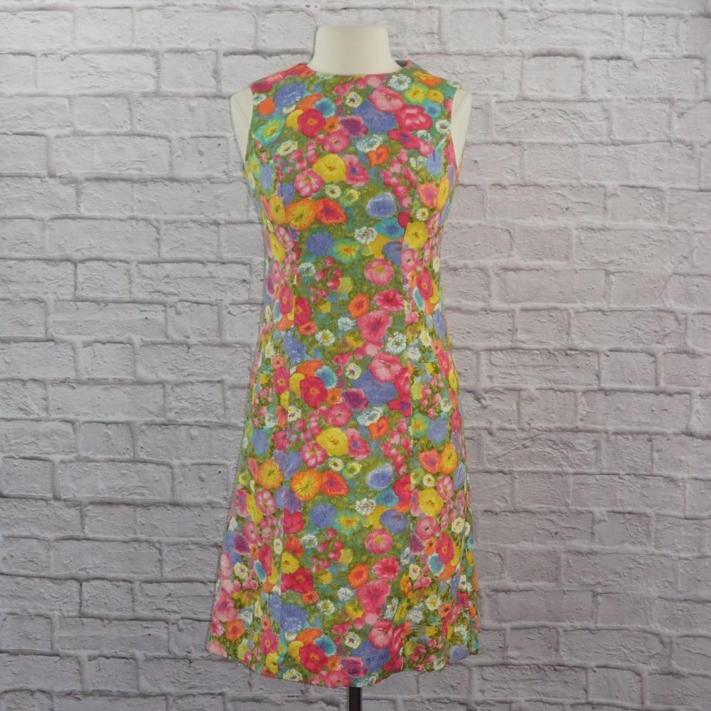 Vintage 60s Rainbow Floral Shift Dress - Picture 1 of 9